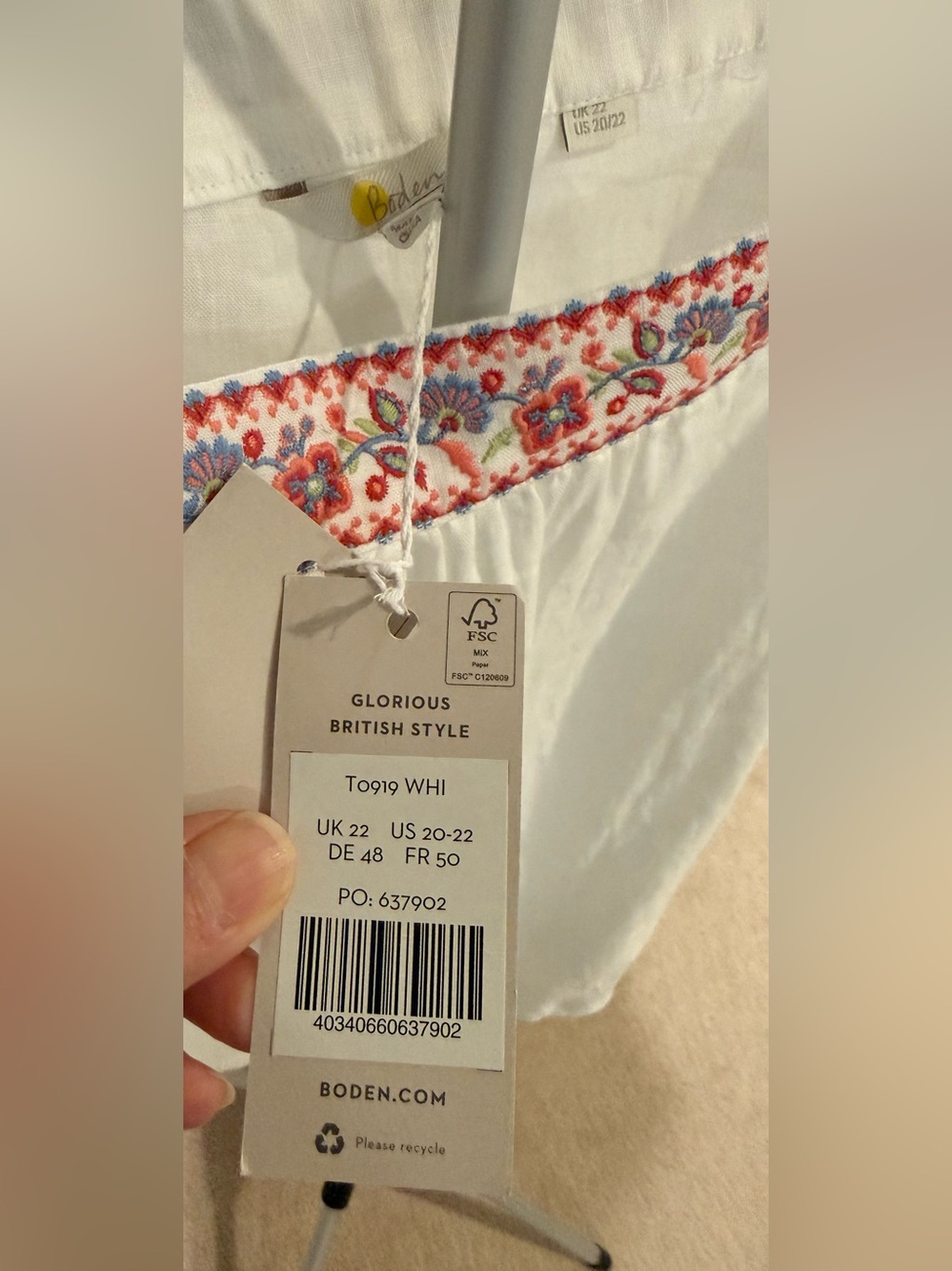 Boden White Square-Neck Linen Puff Sleeve Top Embroidery US 20/22 NWT - Picture 2 of 4